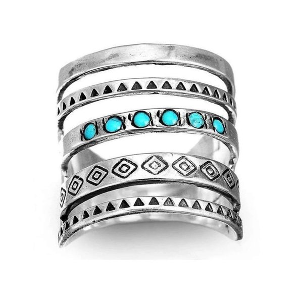 Ring Size 7 Vintage Look Bohemian Multi Layer Faux Turquoise Inlaid Wide New - Picture 4 of 5
